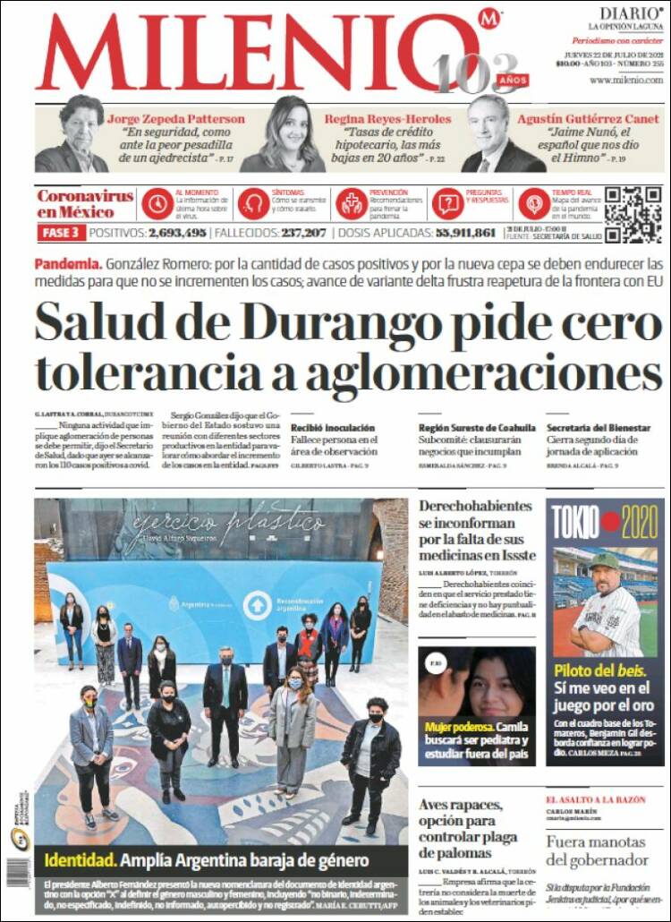 Portada de Milenio - Laguna (México)