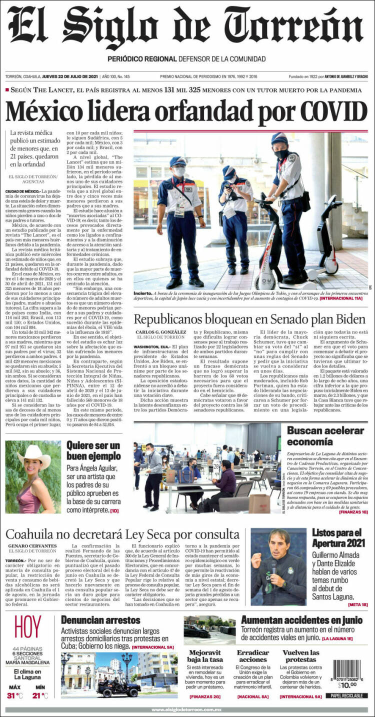 Portada de El Siglo de Torreon (Mexico)