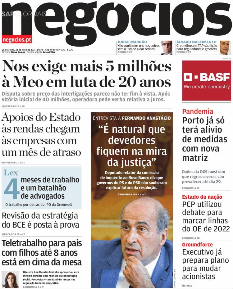 Portada de Jornal de Negócios (Portugal)