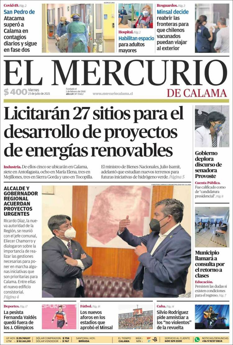 Portada de El Mercurio - Calama (Chile)