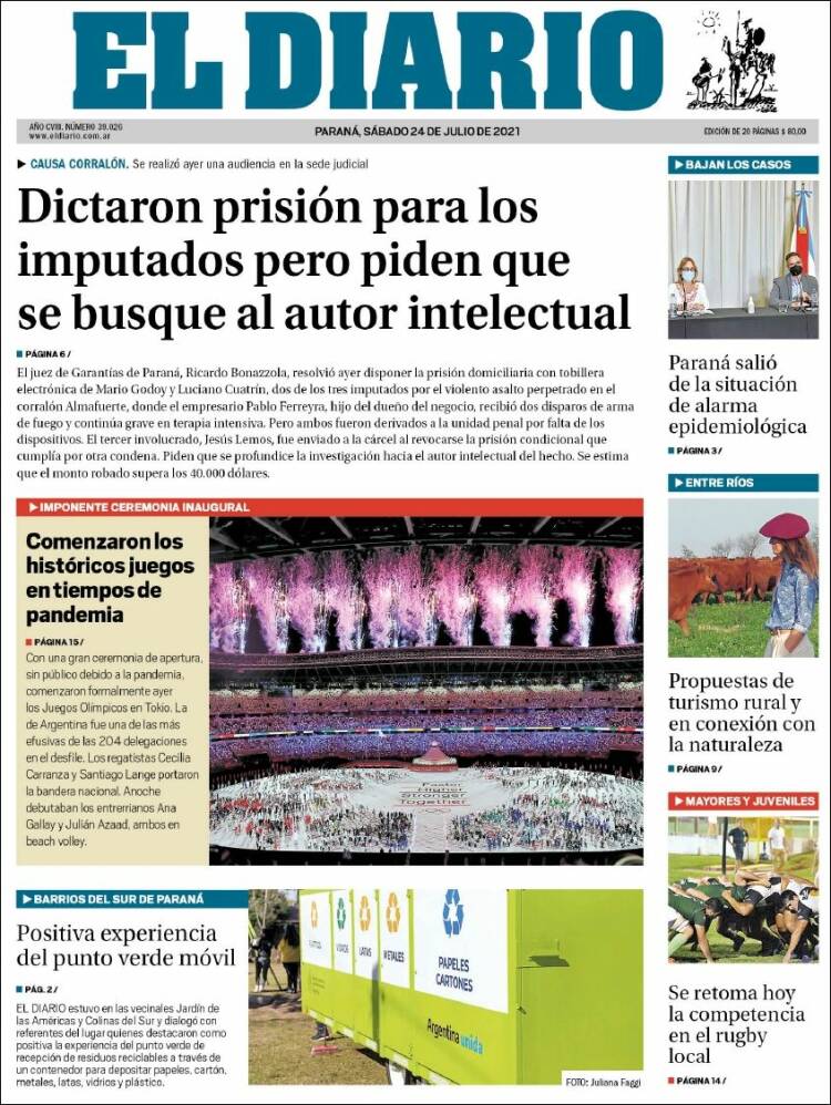 Portada de El Diario de Paraná (Argentina)