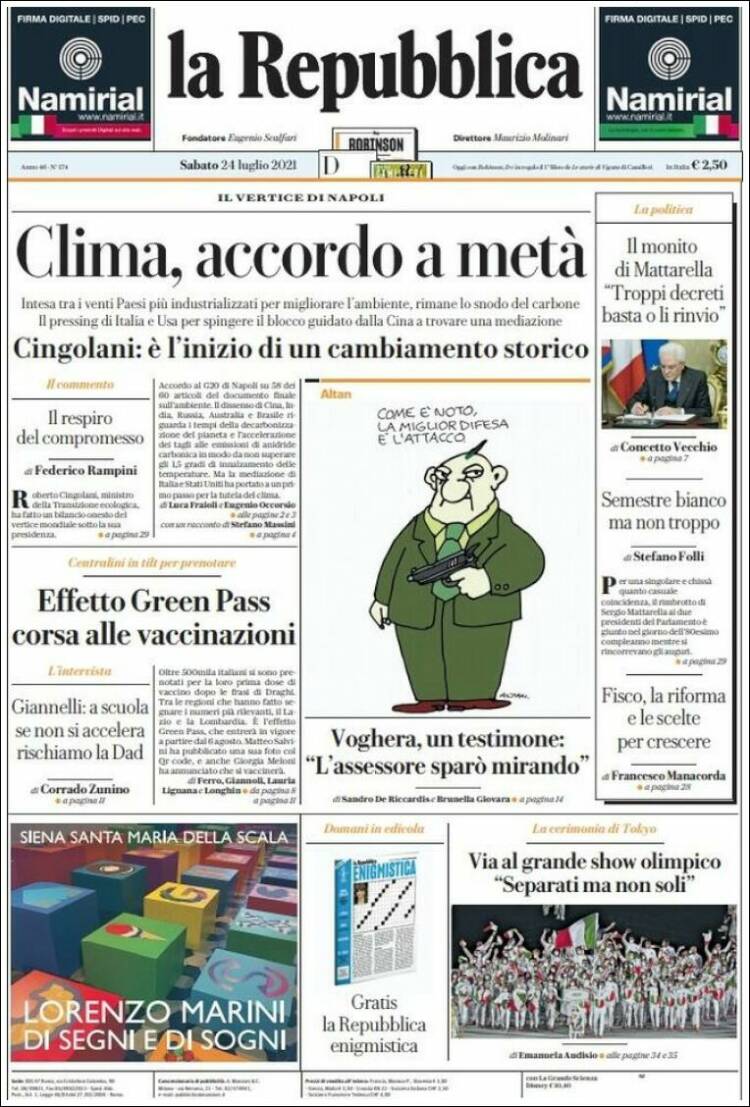 Portada de La Repubblica (Italia)