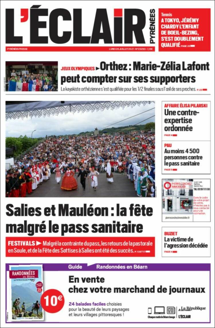 Portada de L'Eclair des Pyrénées (Francia)