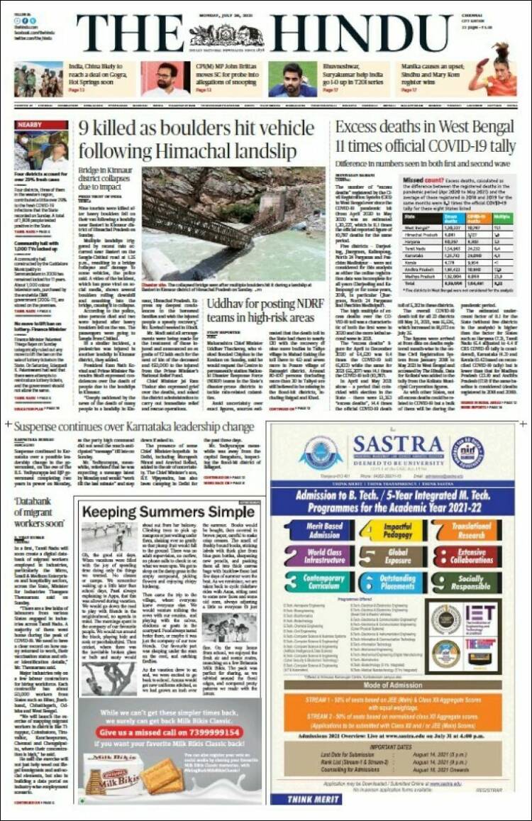 Portada de The Hindu (India)