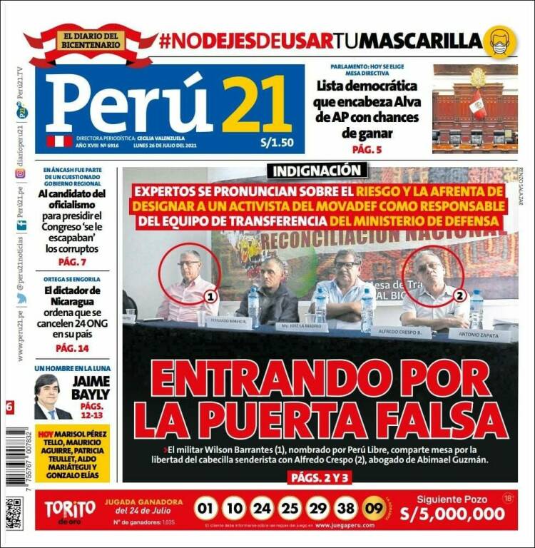 Portada de Perú 21 (Perú)