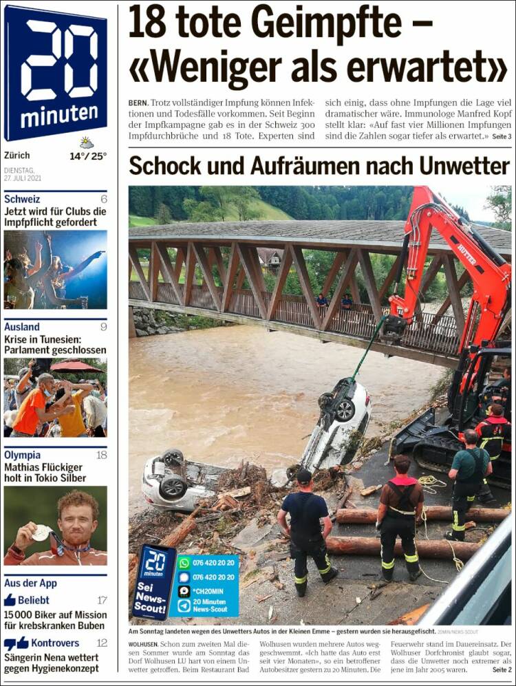 Portada de 20Minuten - Zürich (Suiza)