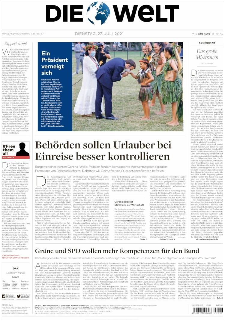 Portada de Die Welt (Alemania)