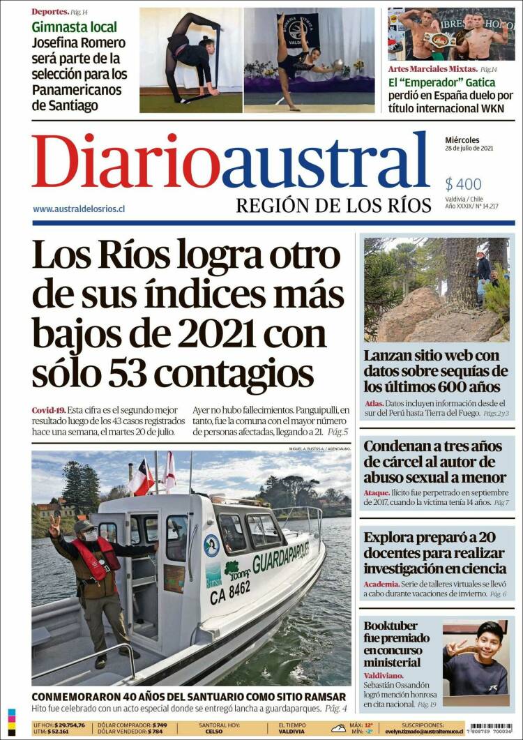 Portada de El Diario Austral de Valdivia (Chile)