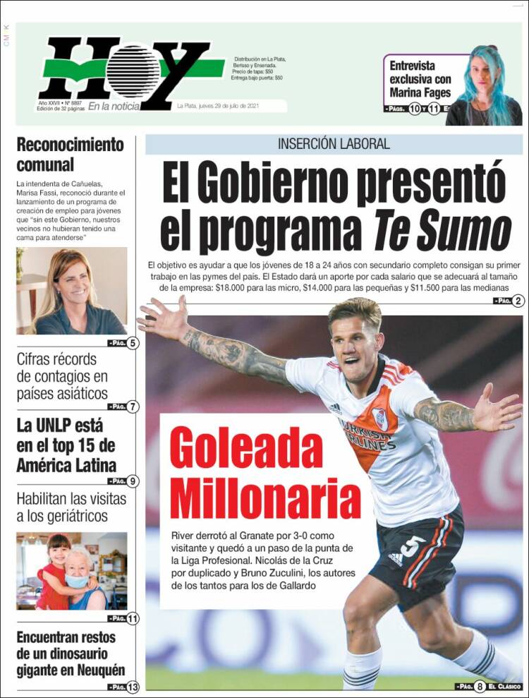 Periódico Diario Hoy (Argentina). Periódicos de Argentina. Edición de  jueves, 29 de julio de 2021. 