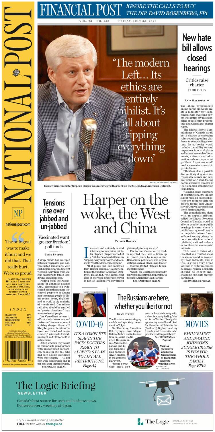 Portada de The National Post (Canada)