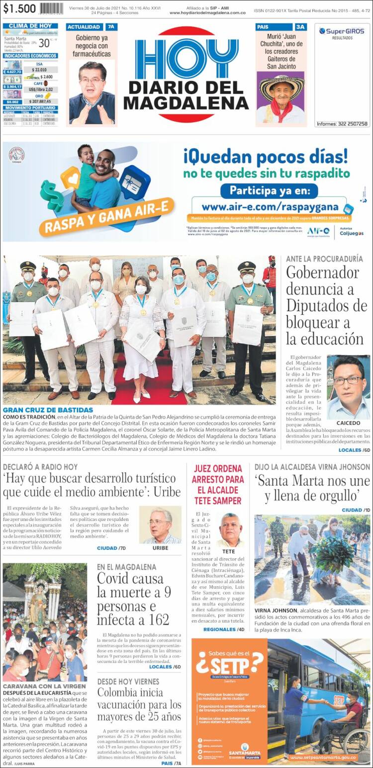 Portada de Hoy Diario del Magdalena (Colombia)