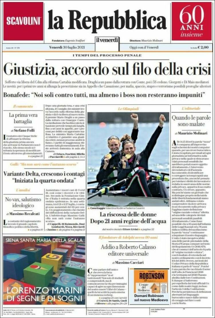 Portada de La Repubblica (Italia)