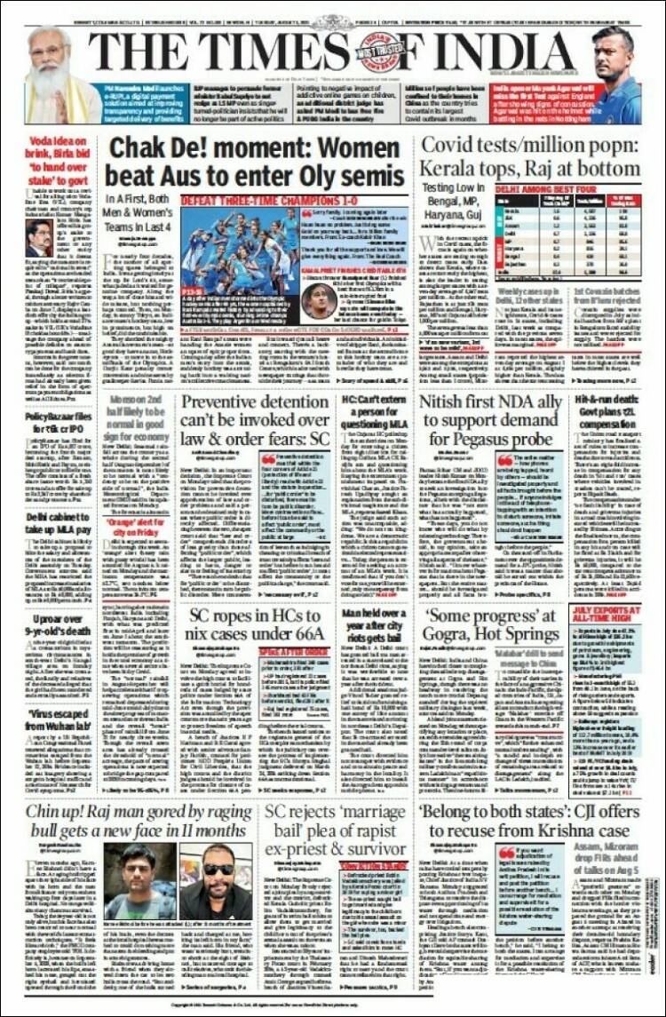 Portada de The Times of India (India)