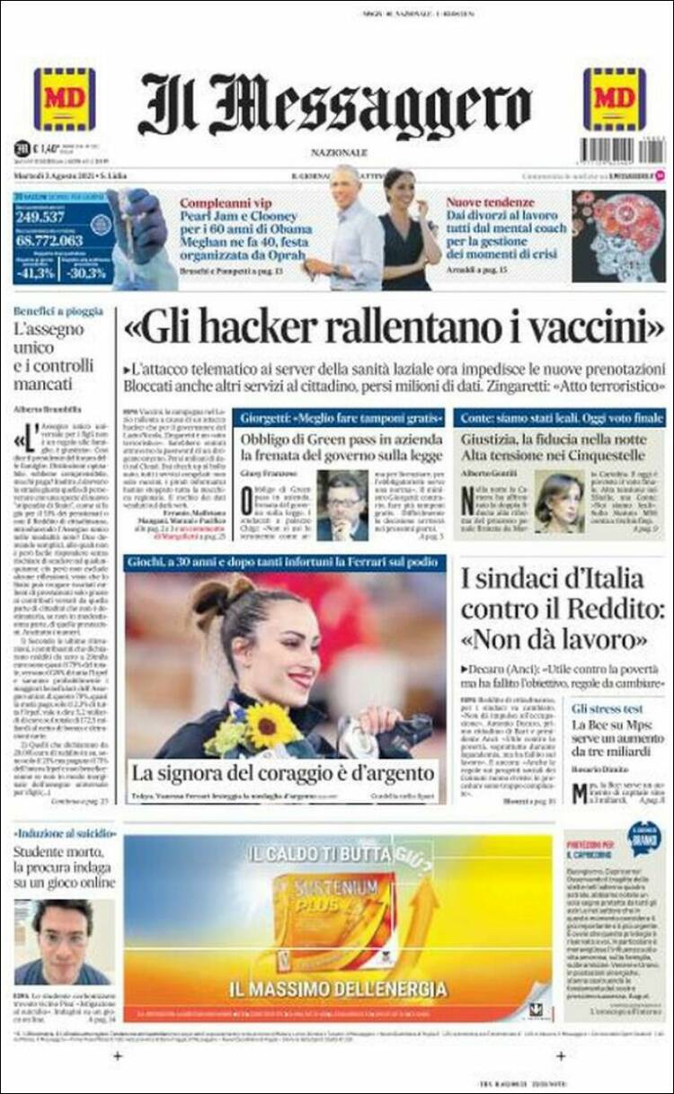 Portada de Il Messaggero (Italia)