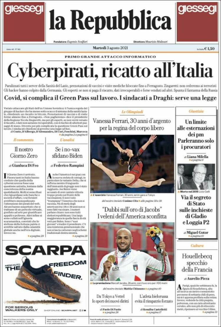Portada de La Repubblica (Italia)