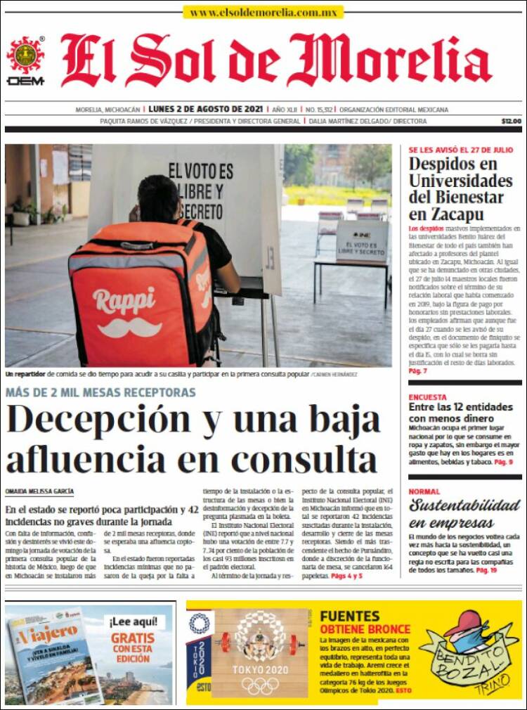 Portada de El Sol de Morelia (M&eacute;xico)
