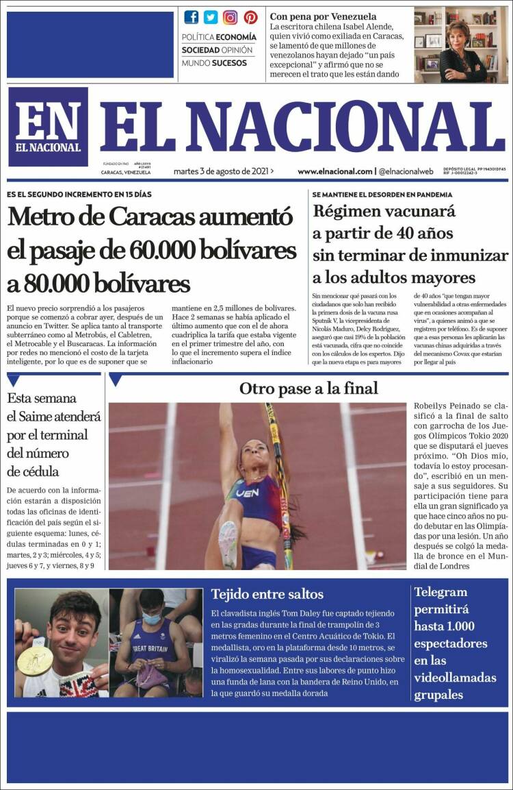 Portada de El Nacional (Venezuela)