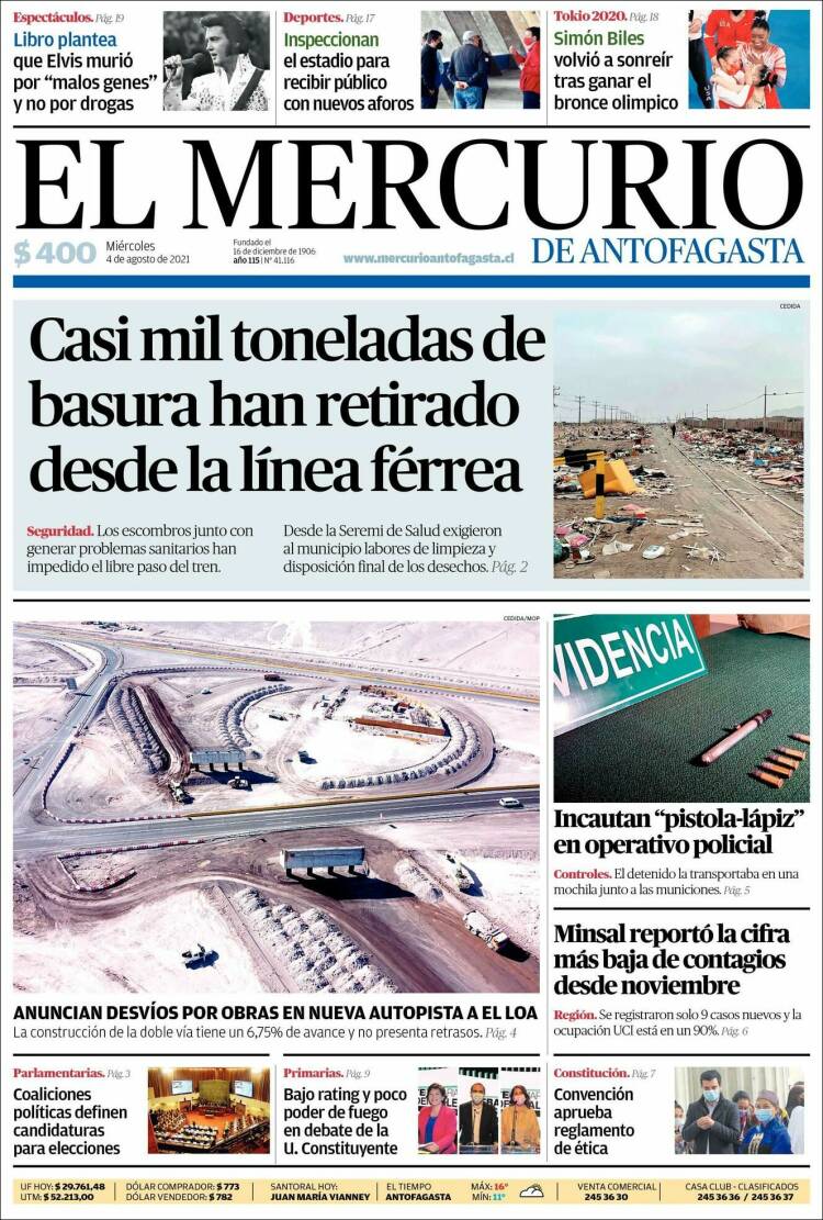 Portada de El Mercurio de Antofagasta (Chile)