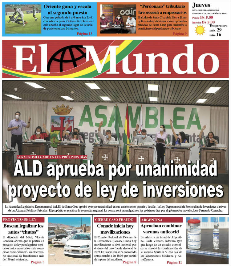 Portada de El Mundo (Bolivia)