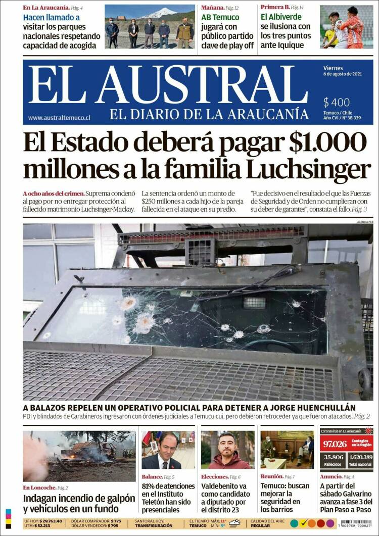 Portada de El Austral de Temuco (Chile)