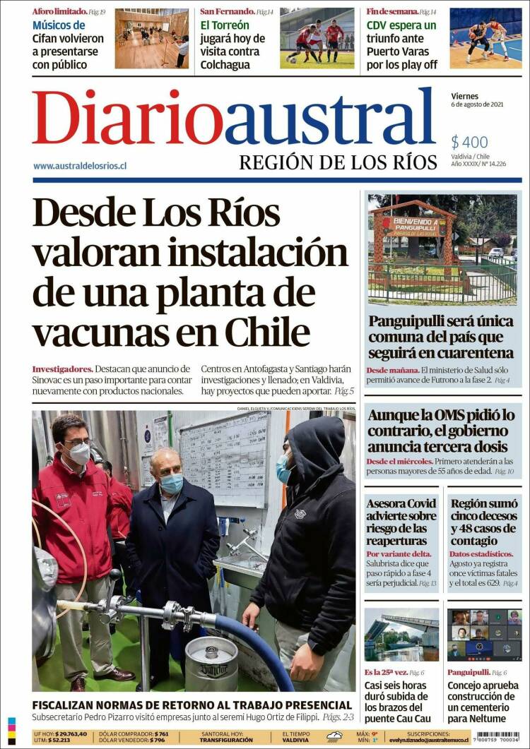 Portada de El Diario Austral de Valdivia (Chile)