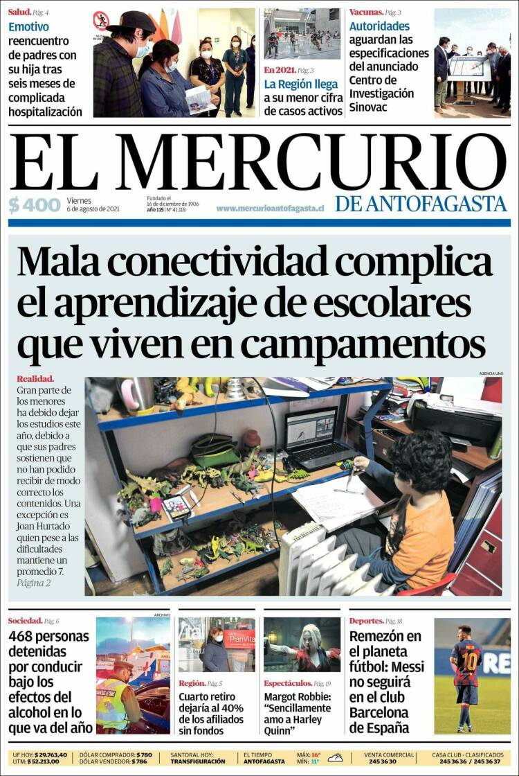 Portada de El Mercurio de Antofagasta (Chile)