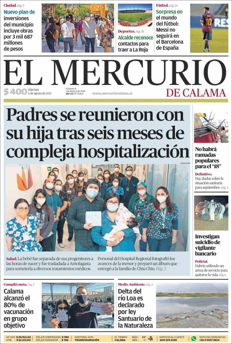 Portada de El Mercurio - Calama (Chile)