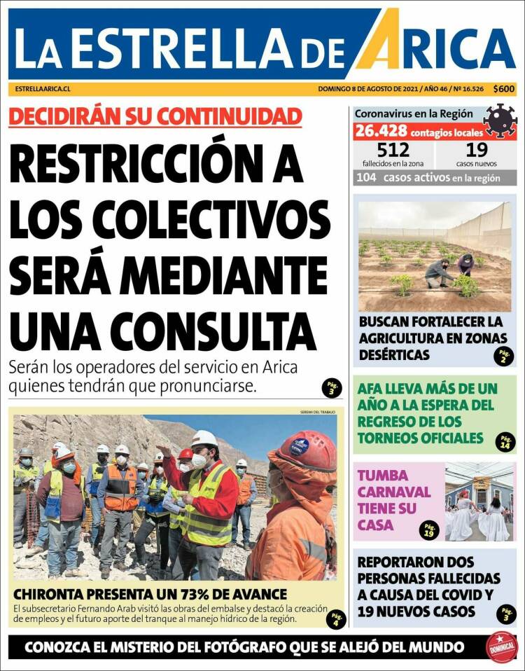 Portada de La Estrella de Arica (Chile)