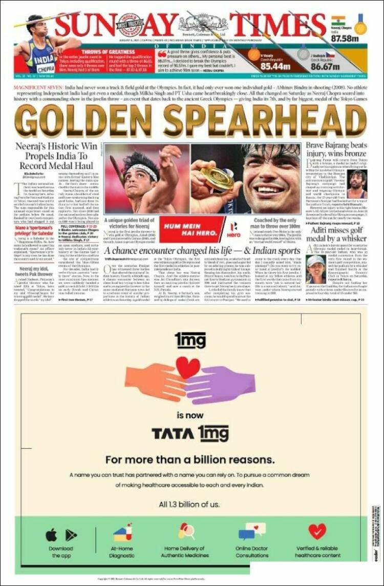 Portada de The Times of India (India)