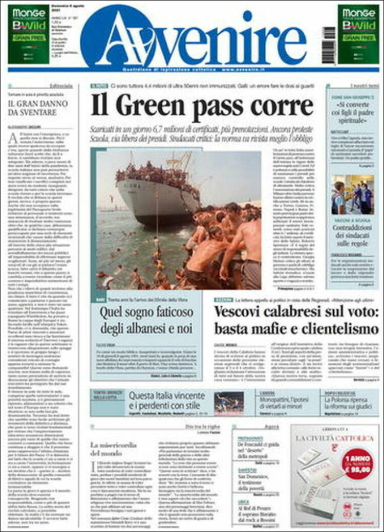 Portada de Avvenire (Italia)