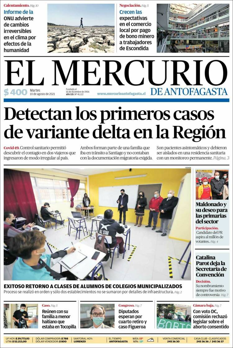 Portada de El Mercurio de Antofagasta (Chile)