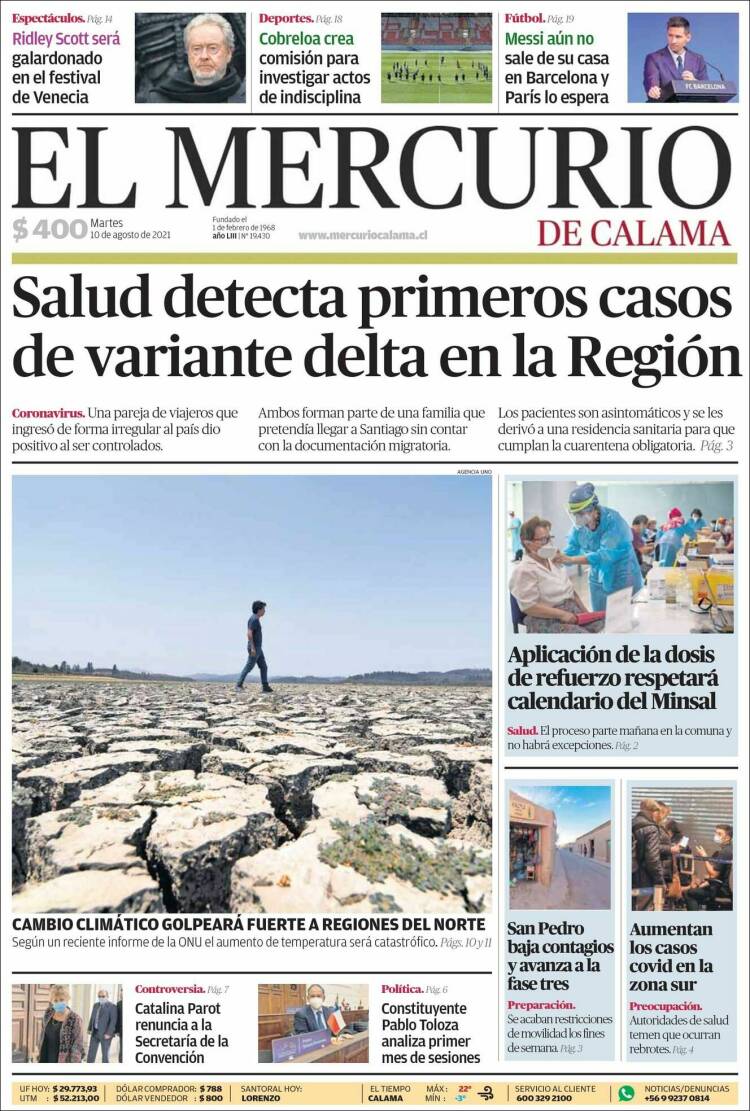 Portada de El Mercurio - Calama (Chile)