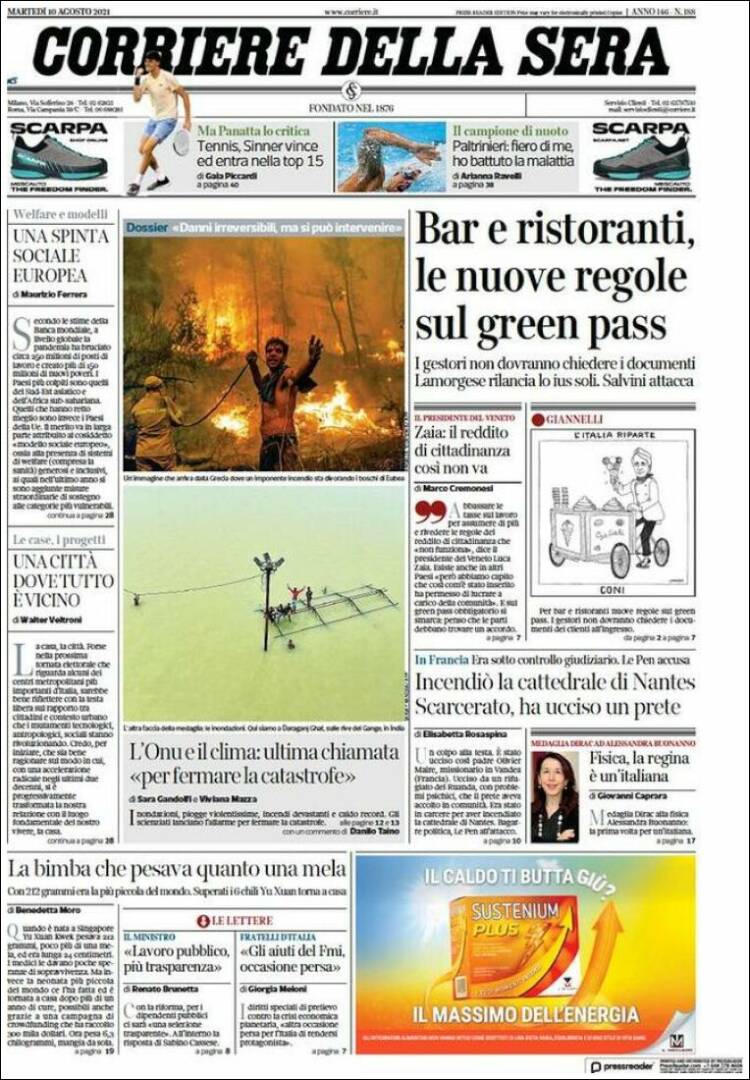 Portada de Corriere della Sera (Italia)