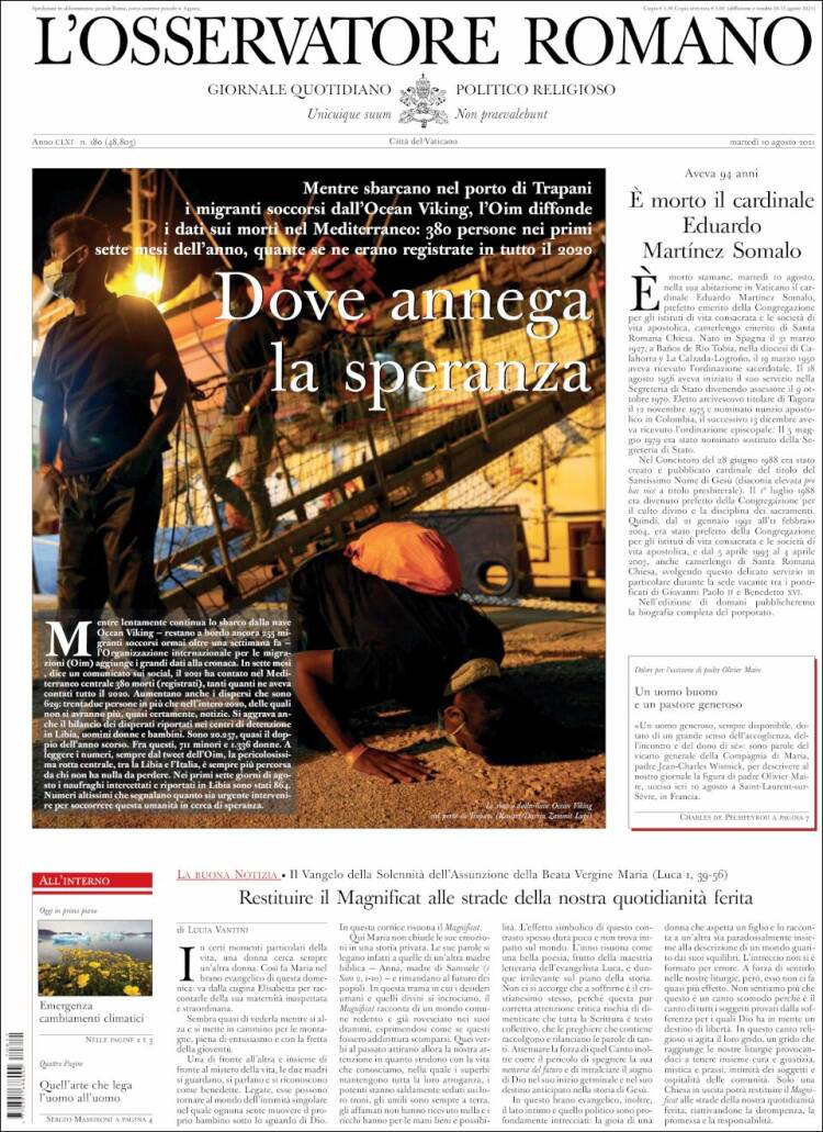 Portada de L'Osservatore Romano (Italia)