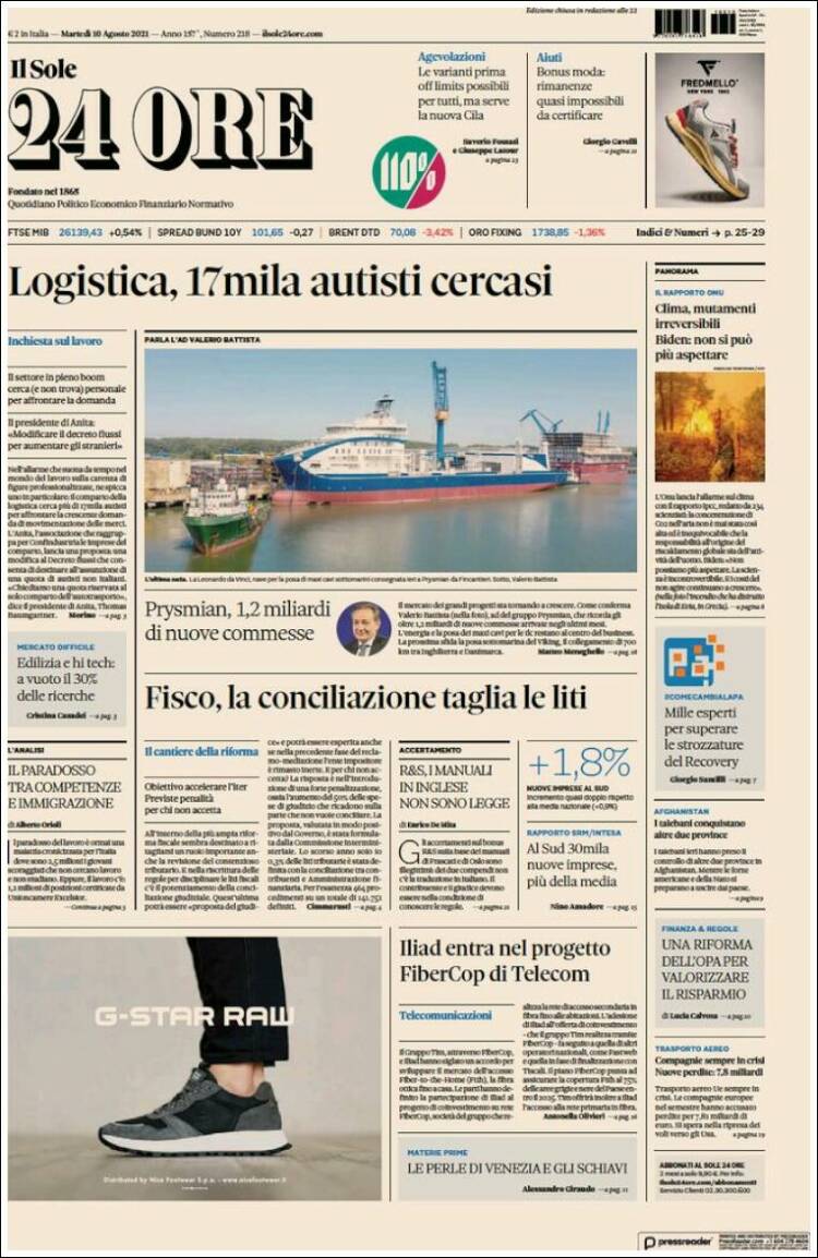 Portada de Il Sole 24 ORE (Italia)
