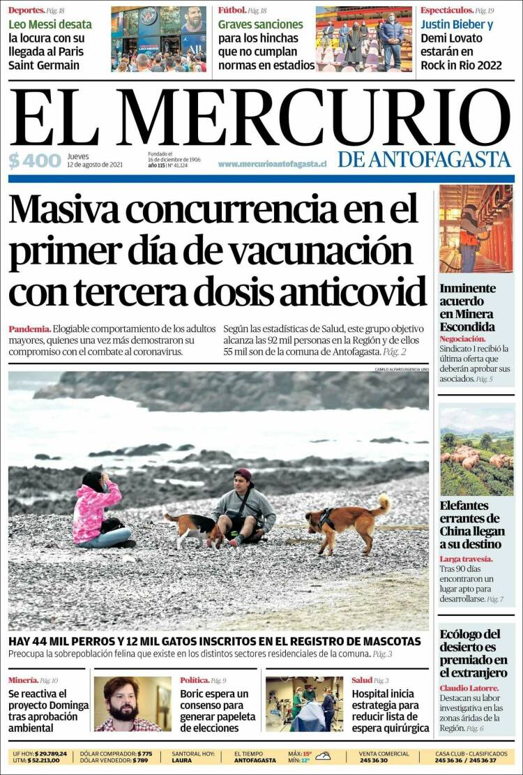 Portada de El Mercurio de Antofagasta (Chile)