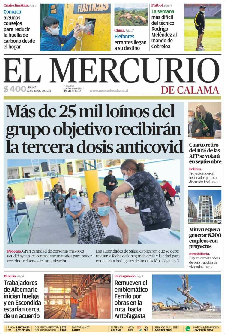 Portada de El Mercurio - Calama (Chile)
