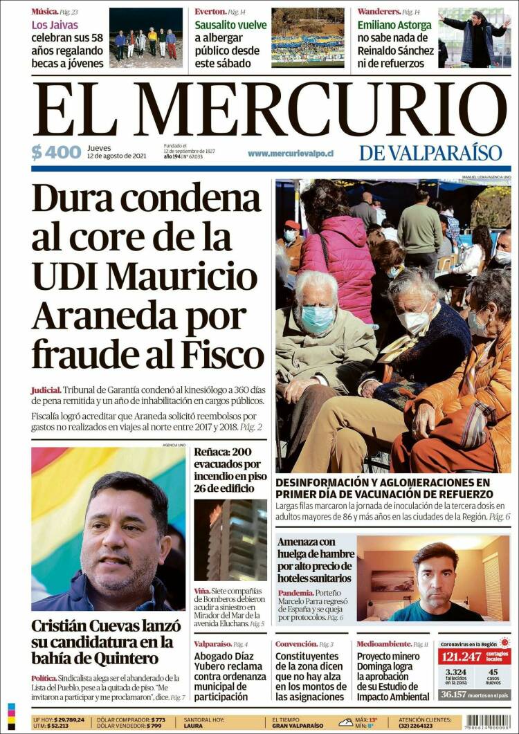 Portada de Mercurio de Valparaiso (Chile)