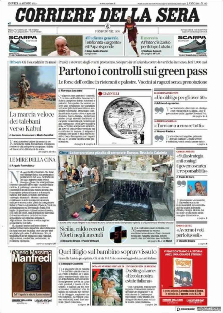 Portada de Corriere della Sera (Italia)