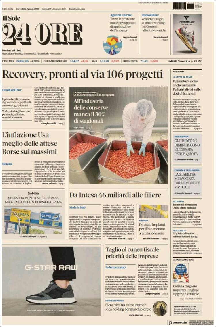 Portada de Il Sole 24 ORE (Italia)
