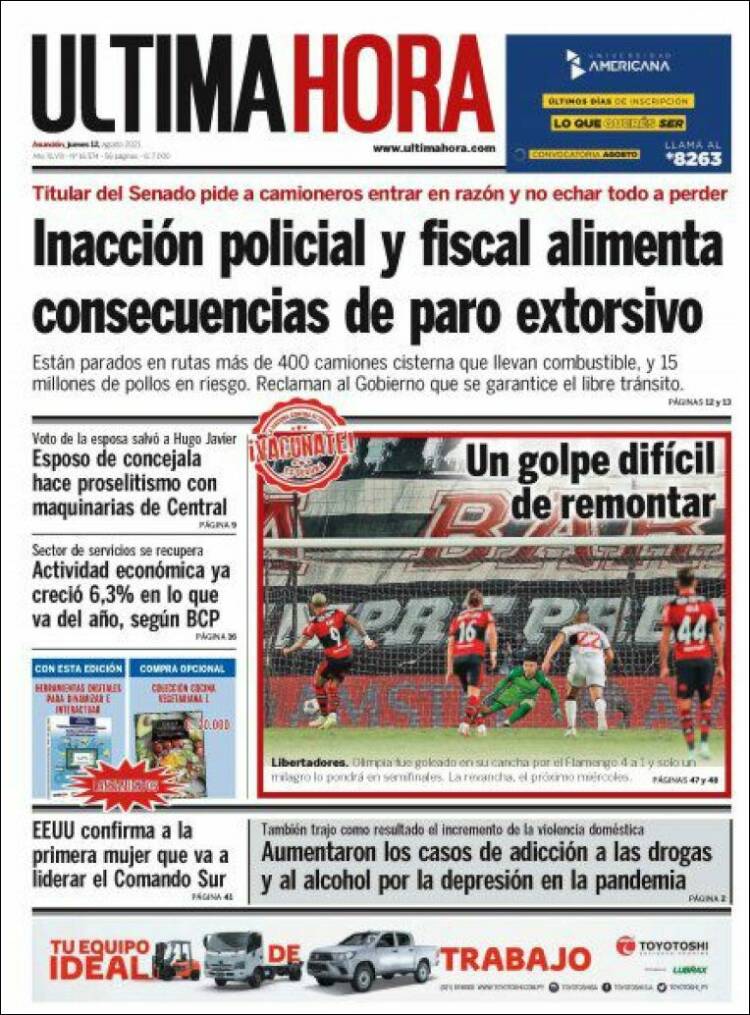 Portada de Última Hora (Paraguay)