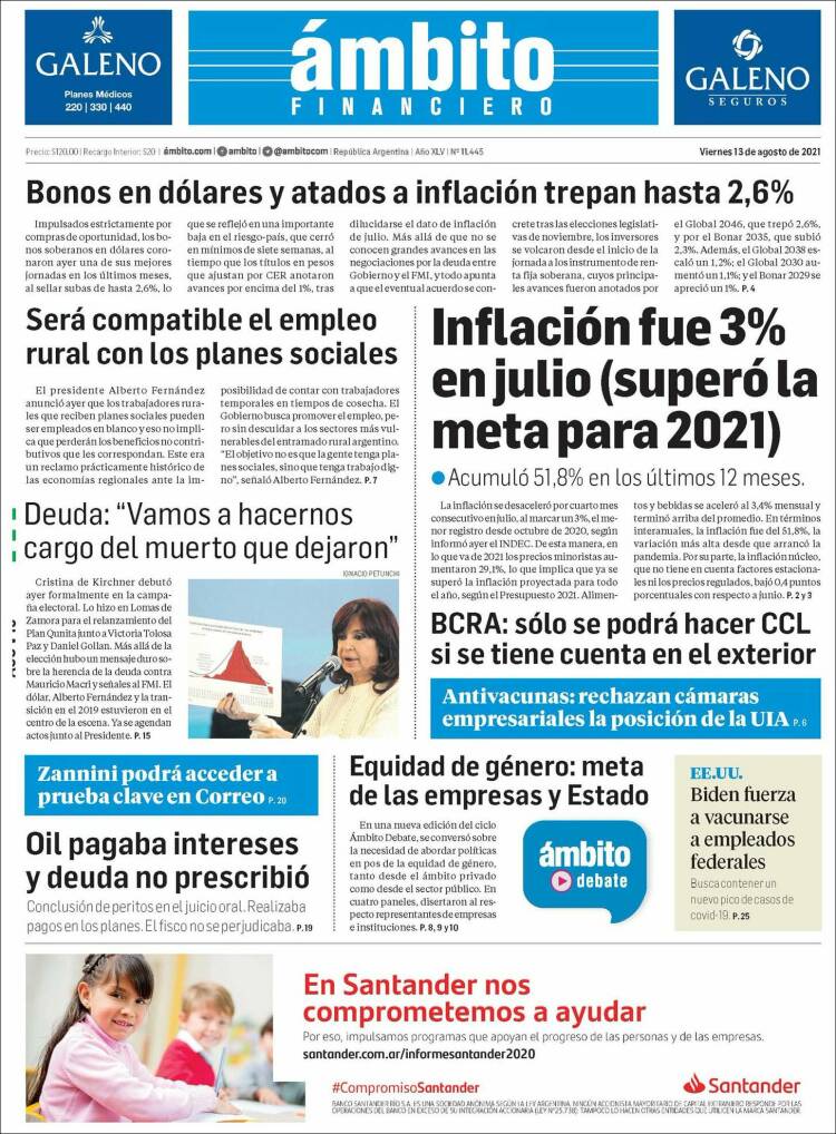 Portada de Diario Ambito Financiero (Argentina)