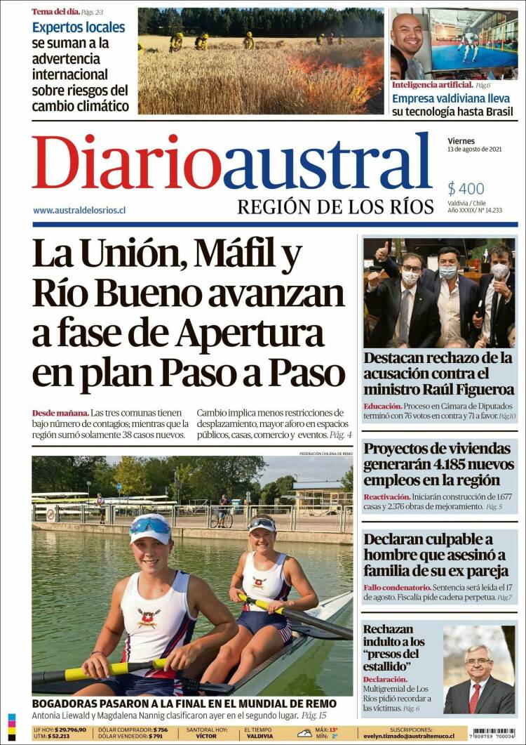 Portada de El Diario Austral de Valdivia (Chile)