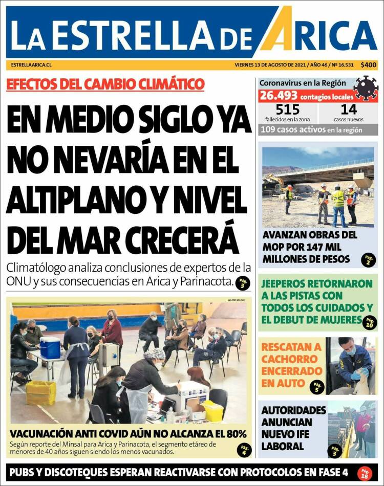 Portada de La Estrella de Arica (Chile)