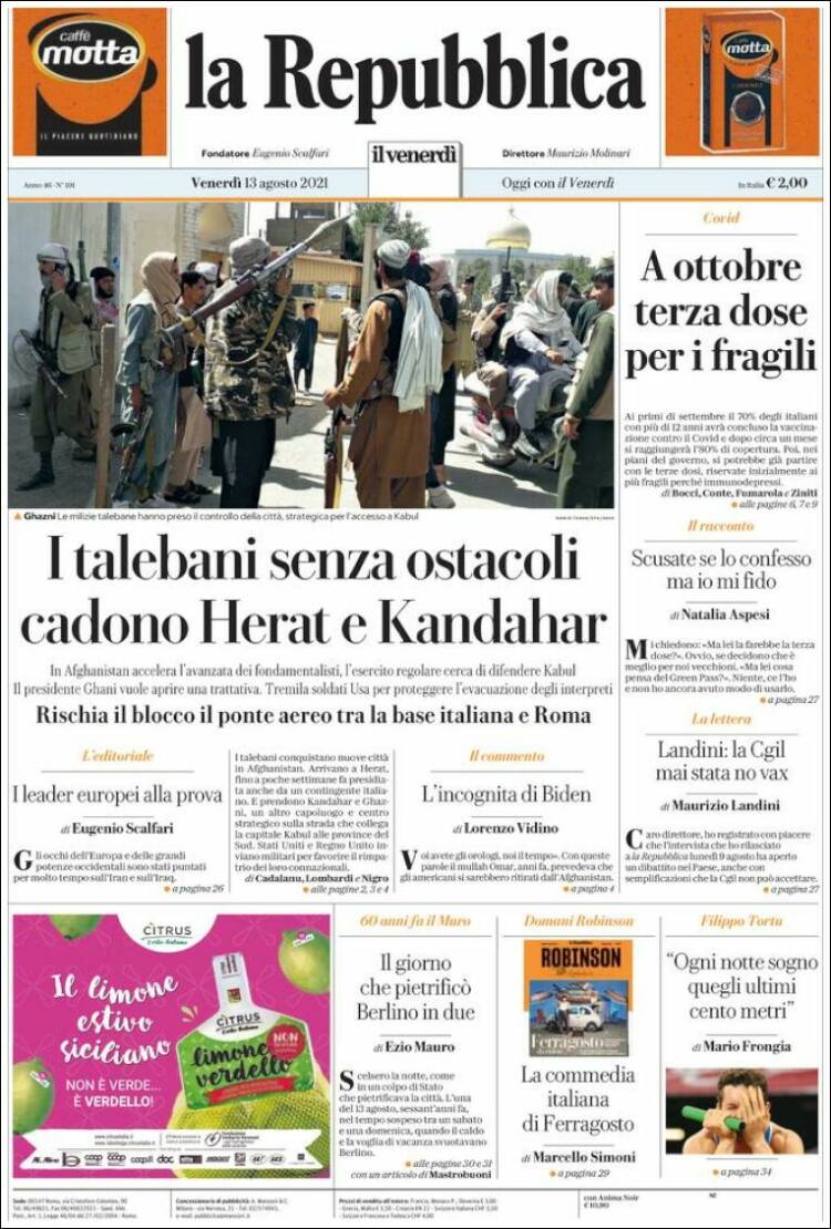 Portada de La Repubblica (Italia)