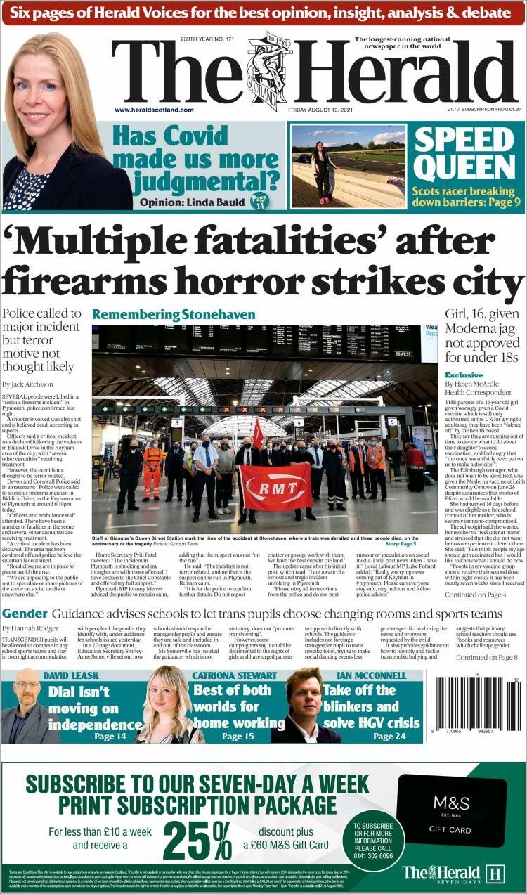 Portada de The Herald (Reino Unido)