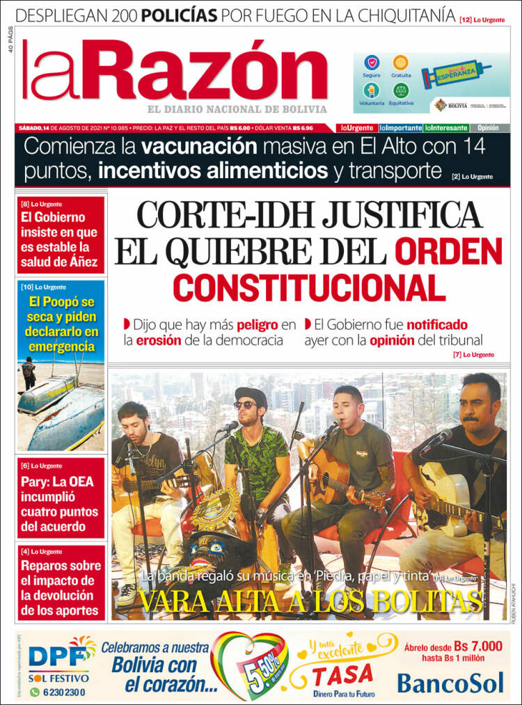 Portada de La Razón (Bolivia)