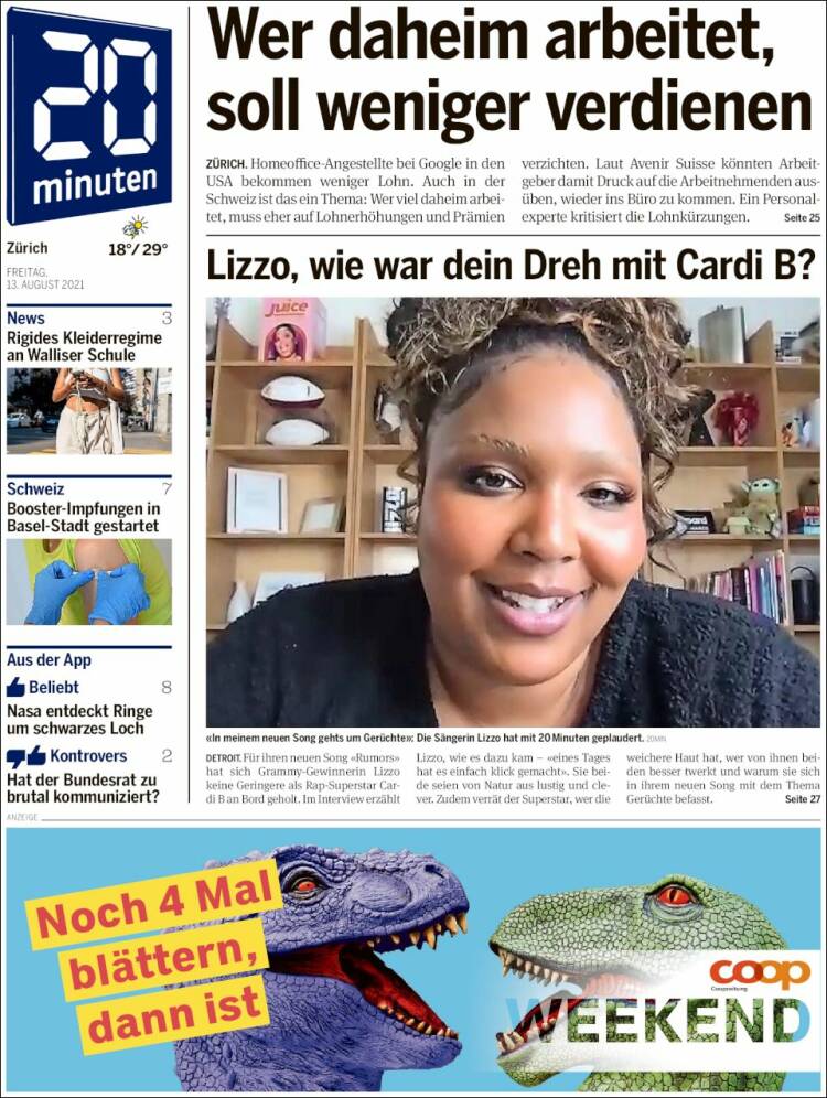 Portada de 20Minuten - Zürich (Suiza)