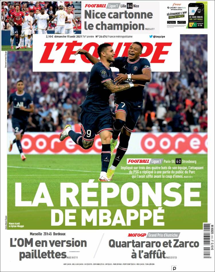 Portada de L'Equipe (Francia)