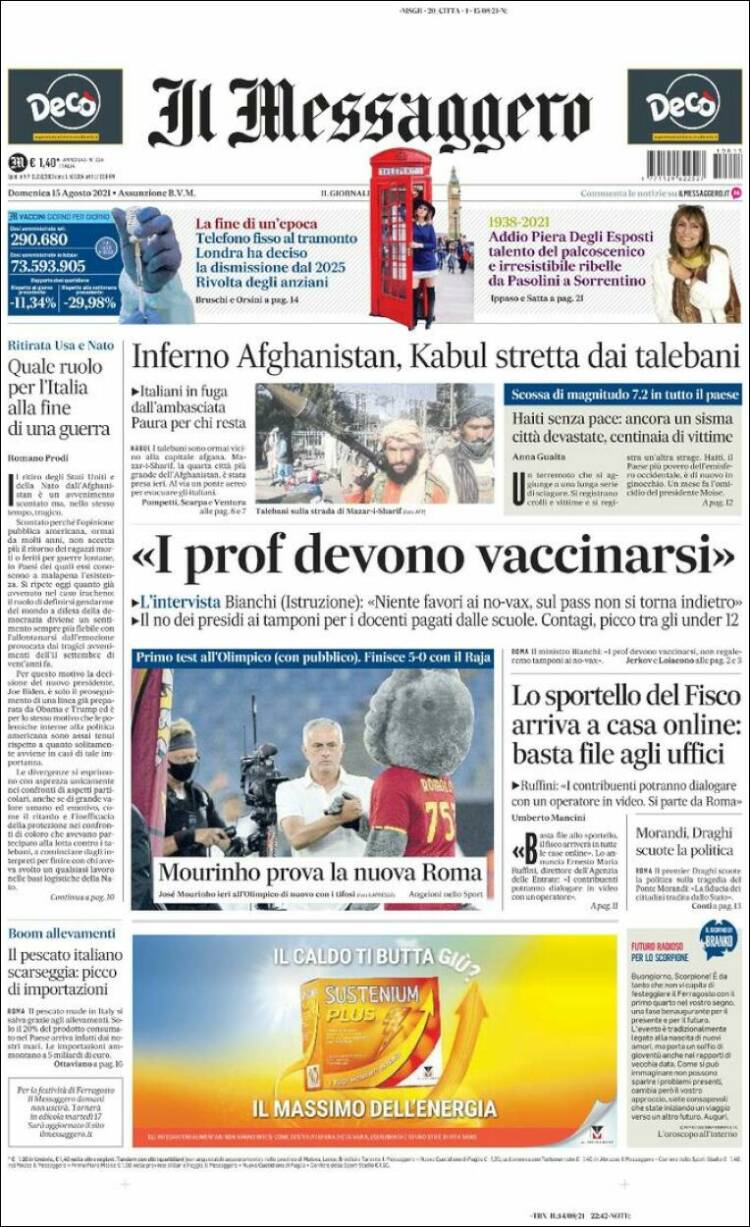 Portada de Il Messaggero (Italia)